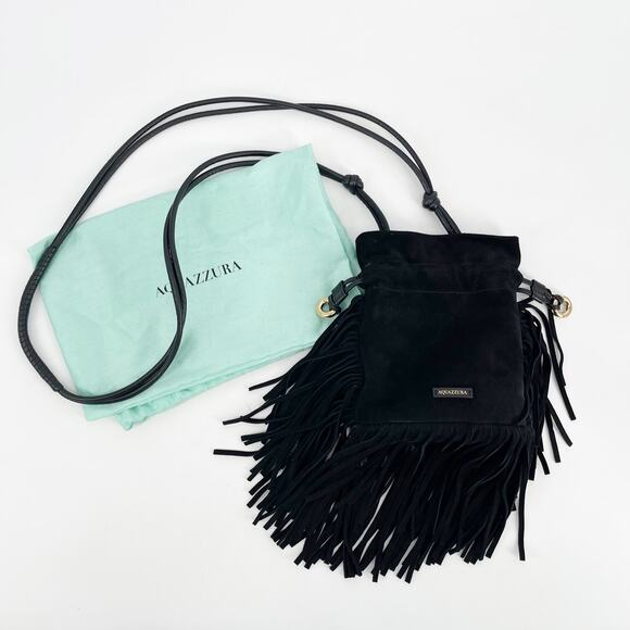 Aquazzura Black Suede Gytane Mini Fringe Trim Drawstring Hobo Crossbody Bag - Picture 1 of 10